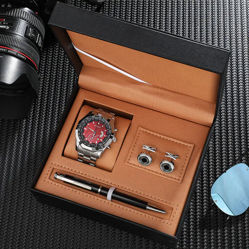 Quartz Steel Band Calendar Watch with Cufflinks & Pen