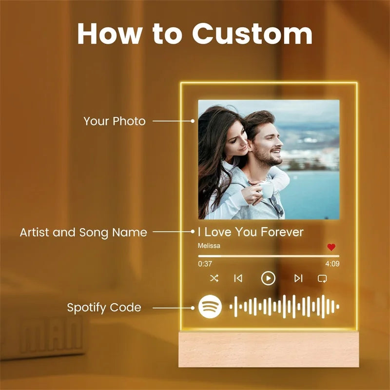 Custom Spotify Plaque Acrylic Spotify Music Frame Personalized Picture Song Plaque Customized Night Light Picture Gifts for Her