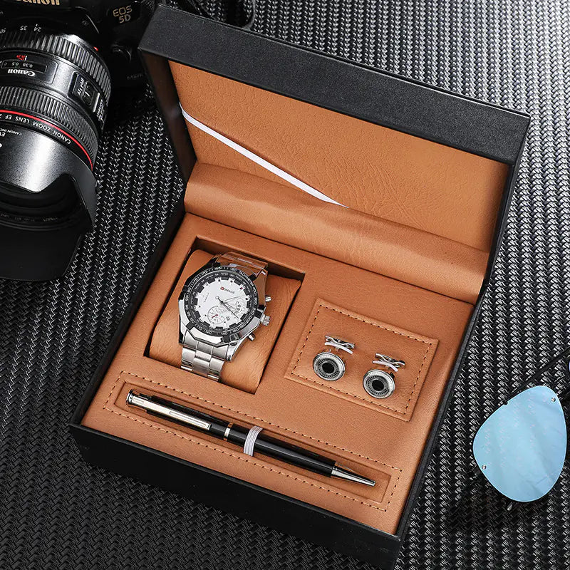Quartz Steel Band Calendar Watch with Cufflinks & Pen