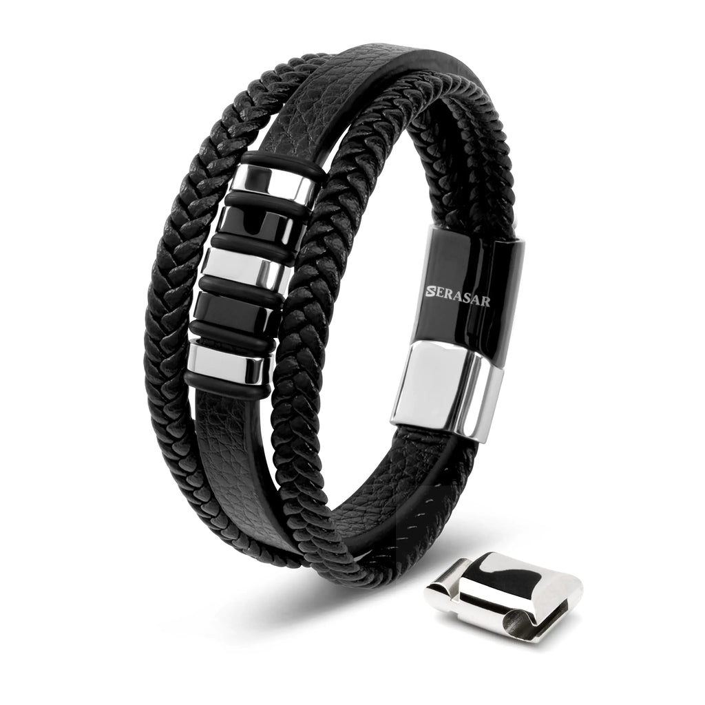 SERASAR 8″ Silver Leather Bracelets for Men