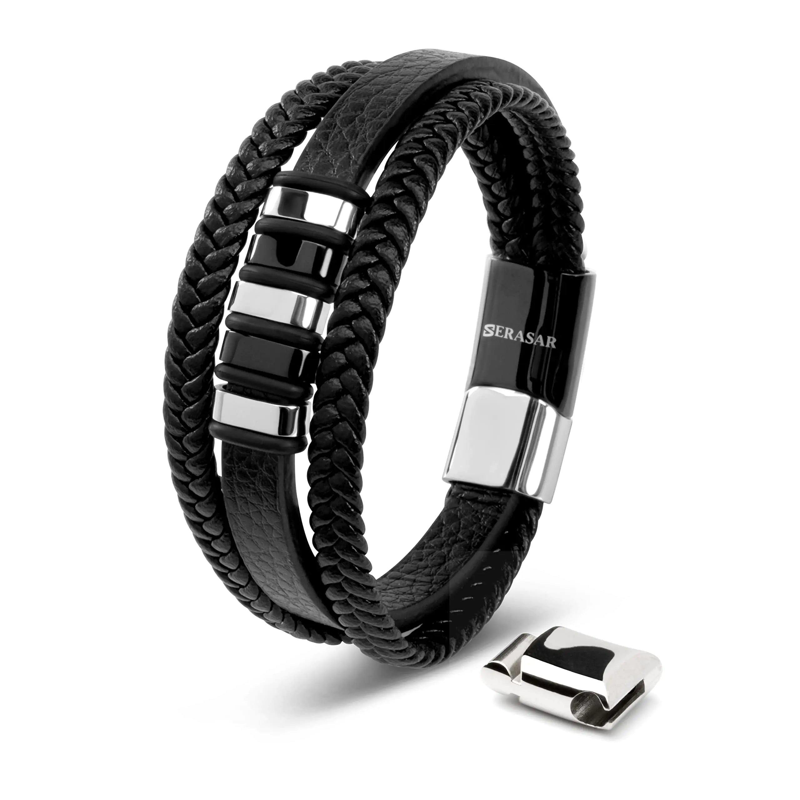 SERASAR 8″ Silver Leather Bracelets for Men